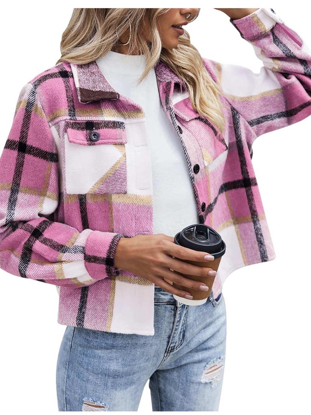 NWT Zeagoo Pink Plaid Shacket Jacket